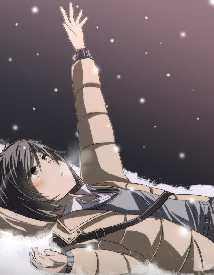 amagami, black_hair, breath, brown_eyes, coat, nanasaki_ai, on_back, outstretched_arm