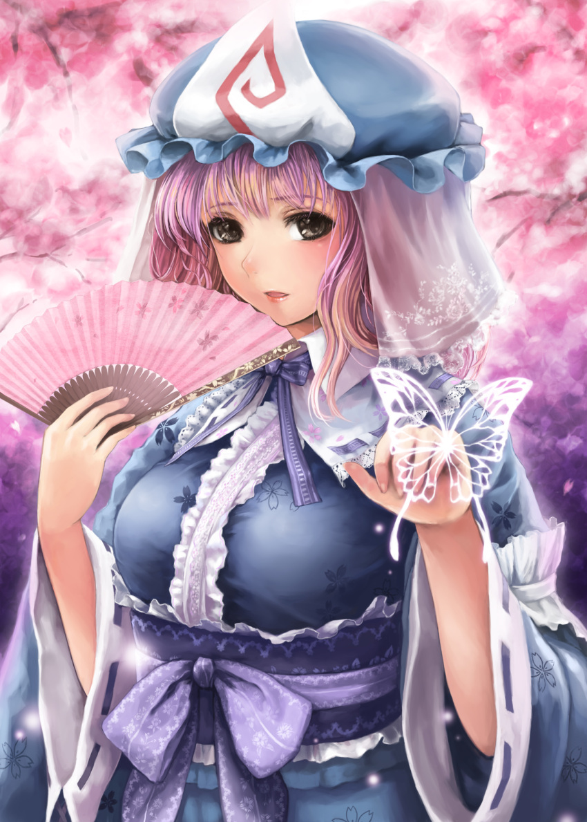 brown_eyes, butterfly, embellished_costume, fan, folding_fan, frills, hachi_shoku, hands