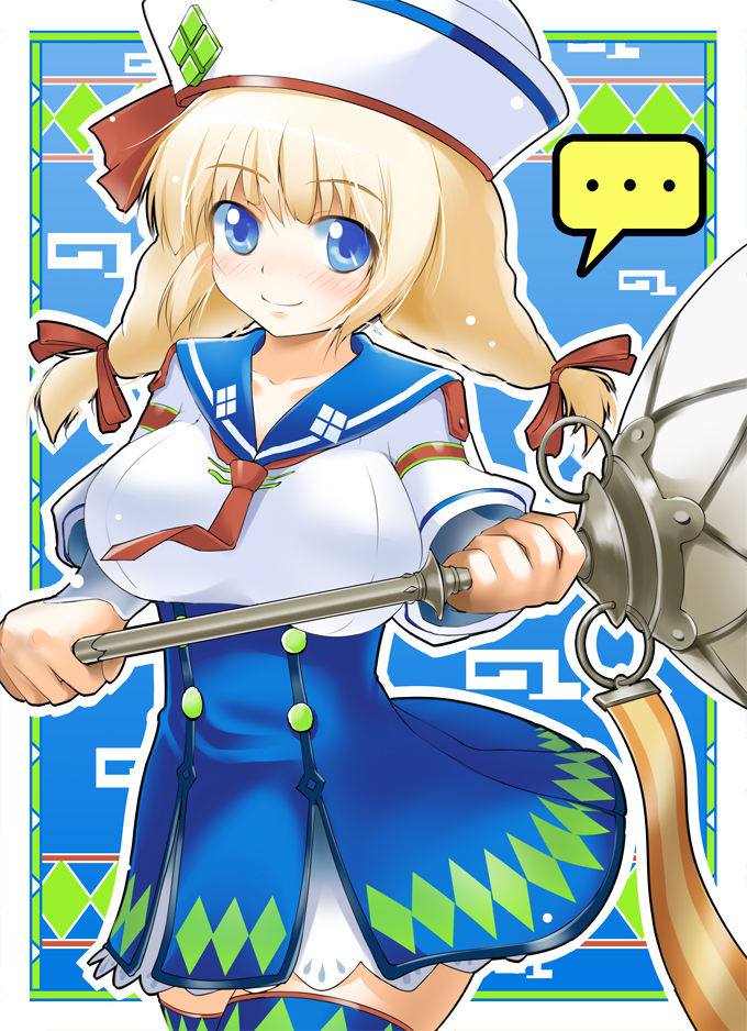 1girl, bad_id, blonde_hair, blue_eyes, blush, bow, dixie_cup_hat, hair_bow