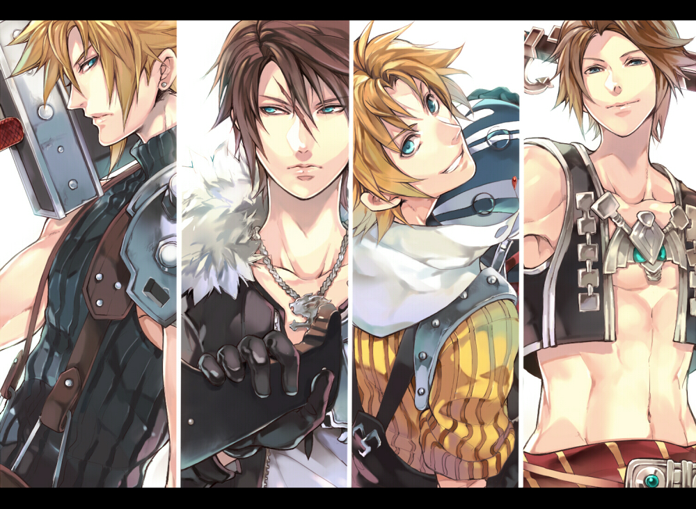aqua_eyes, ball, blonde_hair, blue_eyes, brown_hair, cloud_strife, dissidia_012_final_fantasy, dissidia_final_fantasy