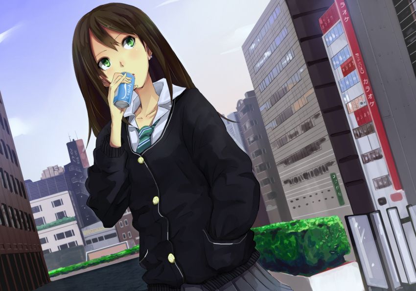 black_hair, cardigan, drink, earrings, green_eyes, hands_in_pockets, idolmaster, idolmaster_cinderella_girls