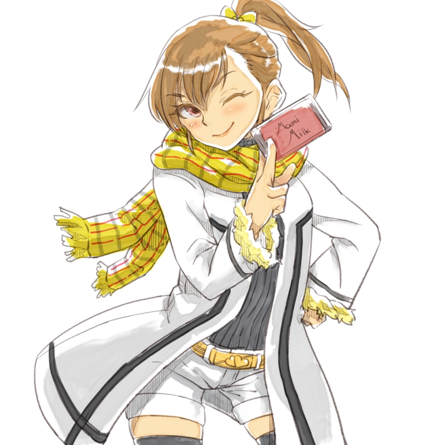 brown_hair, chocolate, futami_mami, idolmaster, idolmaster_2, scarf, short_hair, side_ponytail, smile, soxkyo, thighhighs, valentine, wink