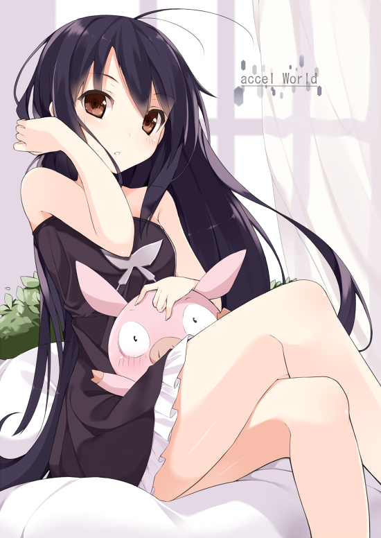 accel_world, adjusting_hair, antenna_hair, arita_haruyuki, bare_shoulders, black_hair, blush, brown_eyes