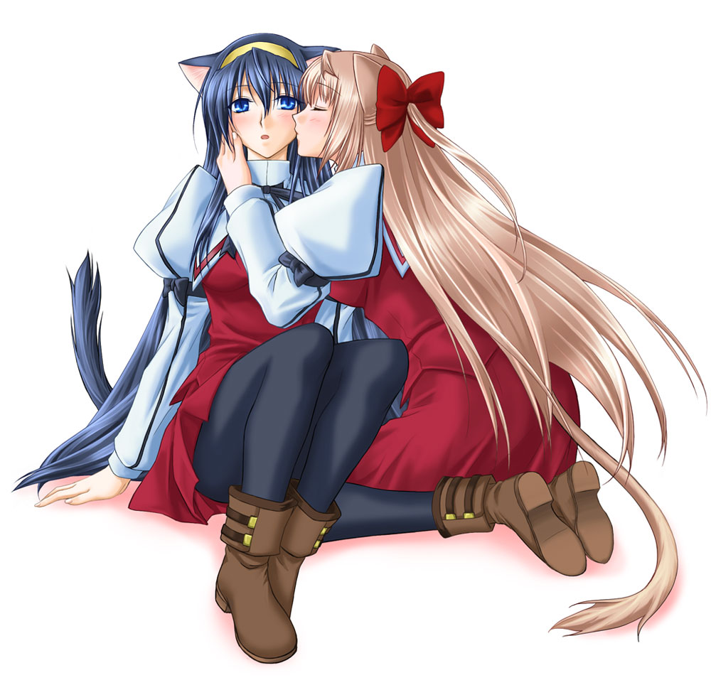 animal_ears, blonde_hair, blue_eyes, blue_hair, blush, brown_hair, cat_ears, dress