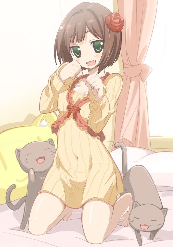 :3, :d, arata_toshihira, barefoot, bed, bed_sheet, blush, brown_hair