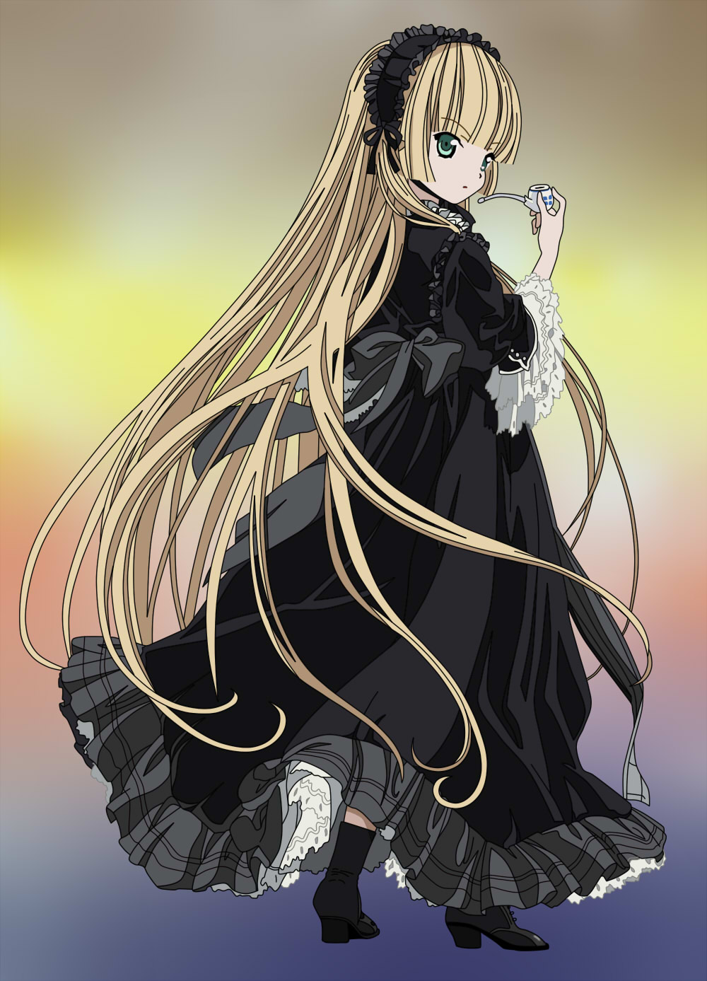 blonde_hair, boots, dress, frills, gosick, gothic_lolita, green_eyes, hairband