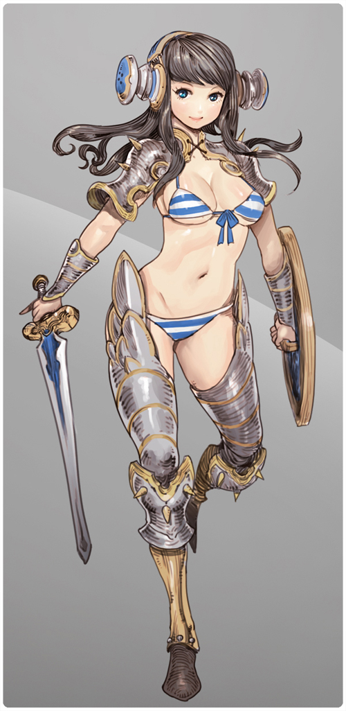 bikini, bikini_armor, black_hair, blue_eyes, breasts, cleavage, front-tie_top, gauntlets, long_hair, lowleg, lowleg_bikini, navel, nax, original, shield, shiny, shiny_skin, sideboob, smile, striped, striped_bikini, striped_swimsuit, swimsuit, sword, underboob, weapon
