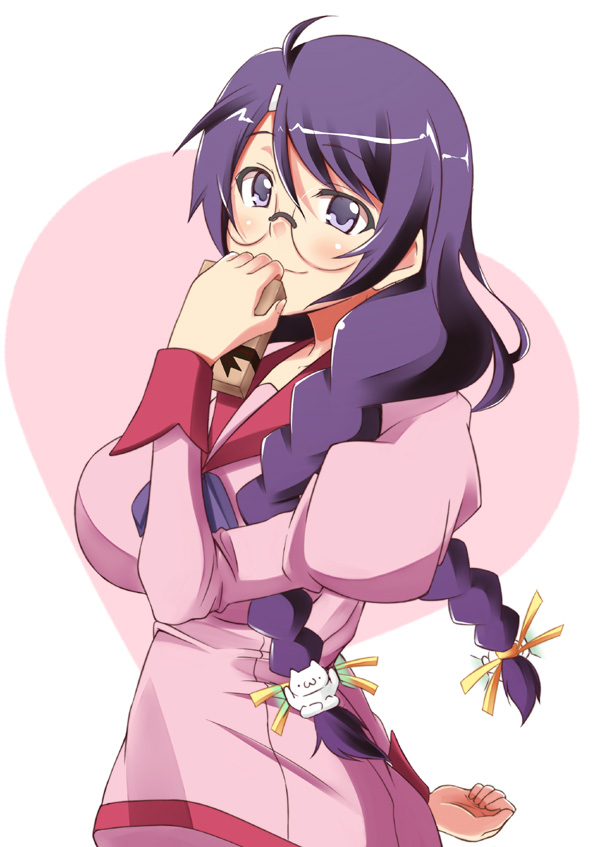 blue_eyes, braid, breasts, gift, glasses, hanekawa_tsubasa, juliet_sleeves, large_breasts