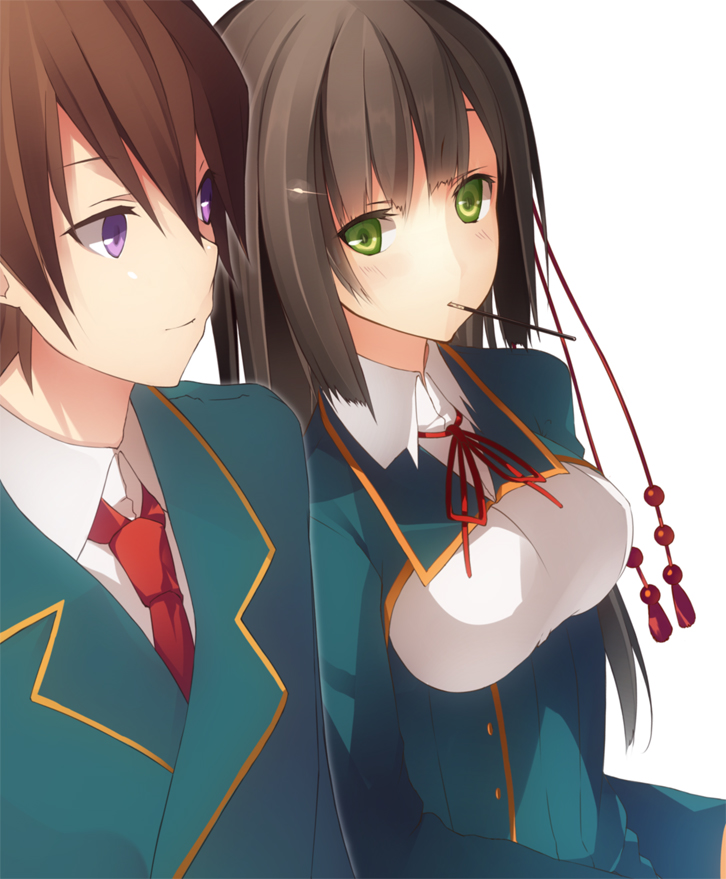 1girl, black_hair, blue_eyes, blush, brown_hair, character_request, green_eyes, koi_to_senkyo_to_chocolate