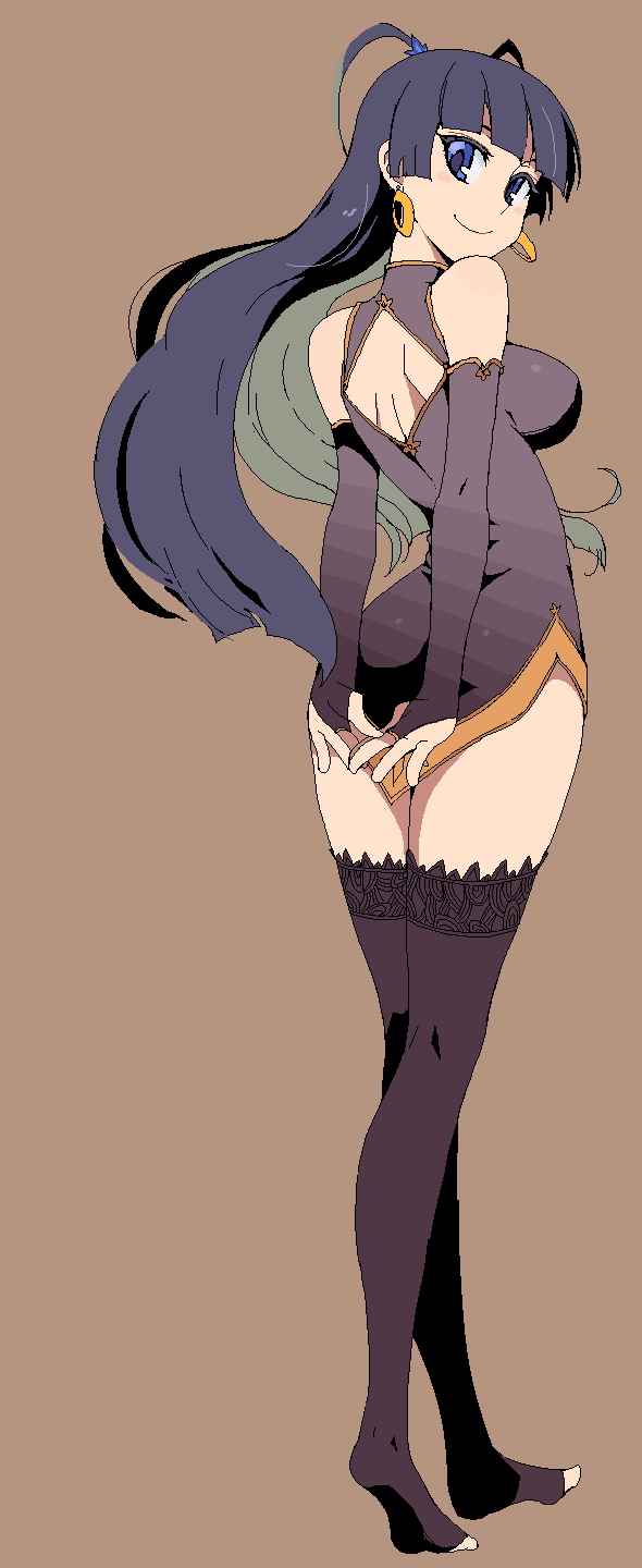bare_shoulders, barefoot, black_legwear, blue_eyes, blue_hair, breasts, bridal_gauntlets, earrings