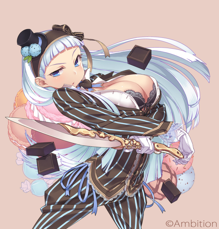 arched_back, bangs, black_bra, blue_eyes, blunt_bangs, bra, breast_hold, breasts, candy, character_request, chocolate, cleavage, food, food_themed_clothes, formal, gloves, hairband, hat, heart, highres, himekiss, holding, lace-trimmed_bra, lingerie, long_hair, looking_at_viewer, mint_(himekiss), pants, pink_background, pinstripe_suit, short_sword, silver_hair, simple_background, solo, striped, suit, sword, tatsuwo, underwear, weapon, white_gloves