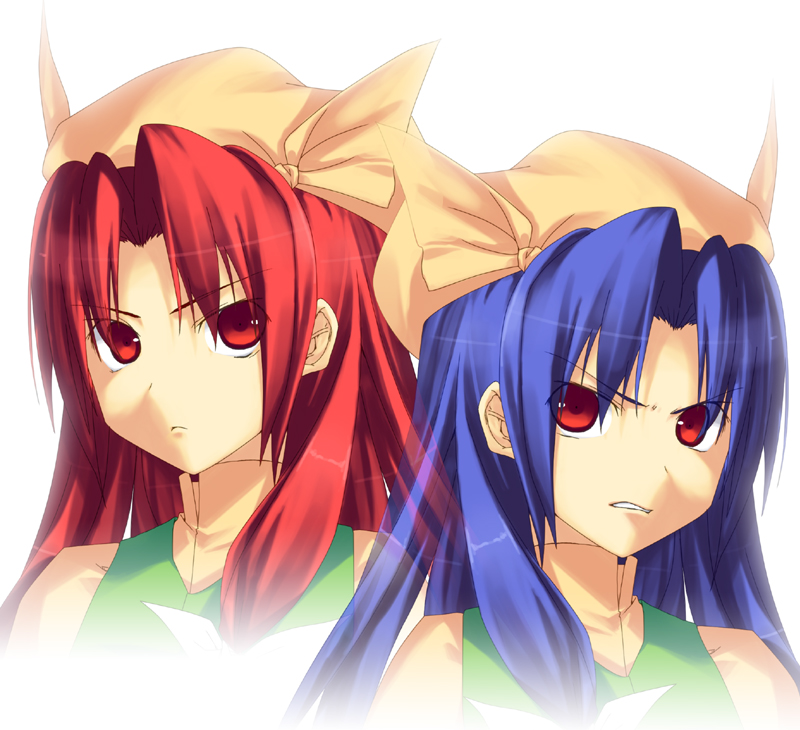1girl, blue_hair, close-up, dual_persona, hat, long_hair, matsuki_(artist), matsuki_akira
