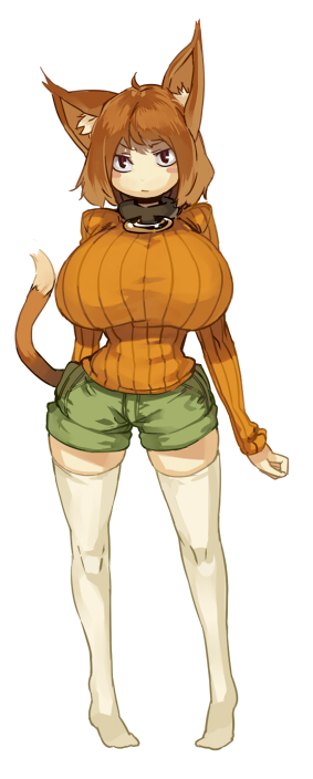 animal_ears, breasts, brown_hair, cat_ears, cat_tail, collar, haruka_(muneneko), huge_breasts