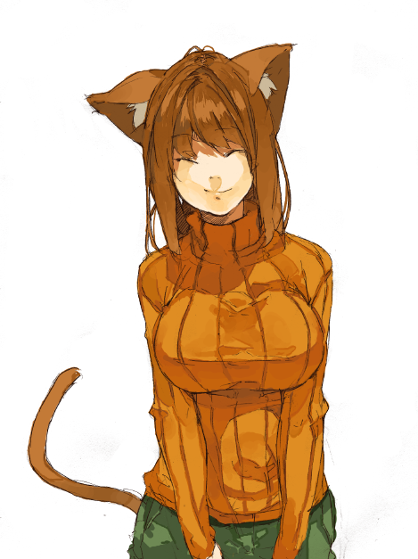 ^_^, animal_ears, breasts, brown_hair, cat_ears, cat_tail, closed_eyes, eyes_closed