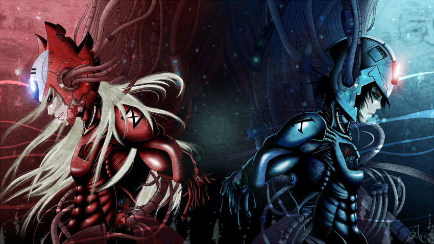 2boys, aoiro_no_kaze, black_hair, blonde_hair, blue_eyes, broken, green_eyes, long_hair