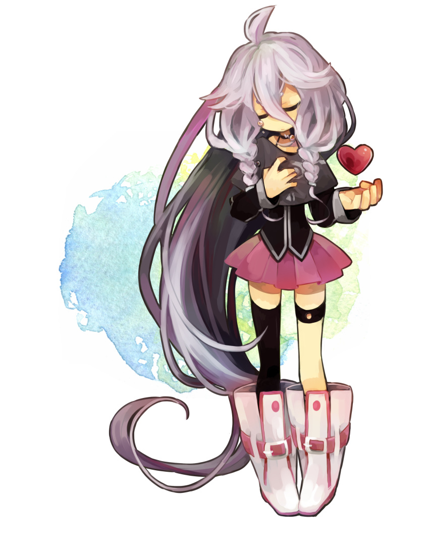 absurdres, boots, braid, choker, closed_eyes, eyes_closed, haru_(oomr005), heart, highres, ia_(vocaloid), long_hair, pink_hair, single_thighhigh, skirt, solo, tears, thigh-highs, thigh_strap, thighhighs, twin_braids, very_long_hair, vocaloid