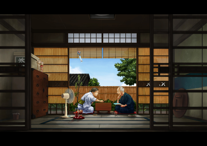1girl, anbe_yoshirou, checkers, closed_eyes, couple, eyes_closed, fan, grey_hair
