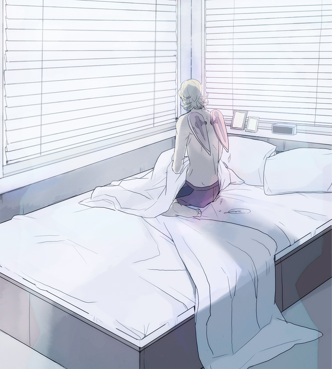 back, barefoot, barnaby_brooks_jr, bed, blanket, blankets, blinds, blonde_hair