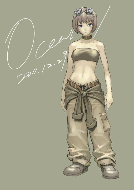 bare_shoulders, belt, bob_cut, boots, brown_hair, choker, goggles, goggles_on_head