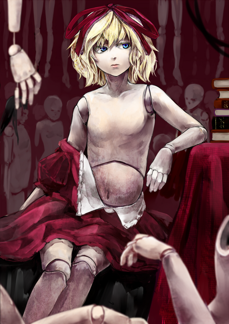 blonde_hair, blue_eyes, book, doll, doll_joints, face, flat_chest, hair_ribbon
