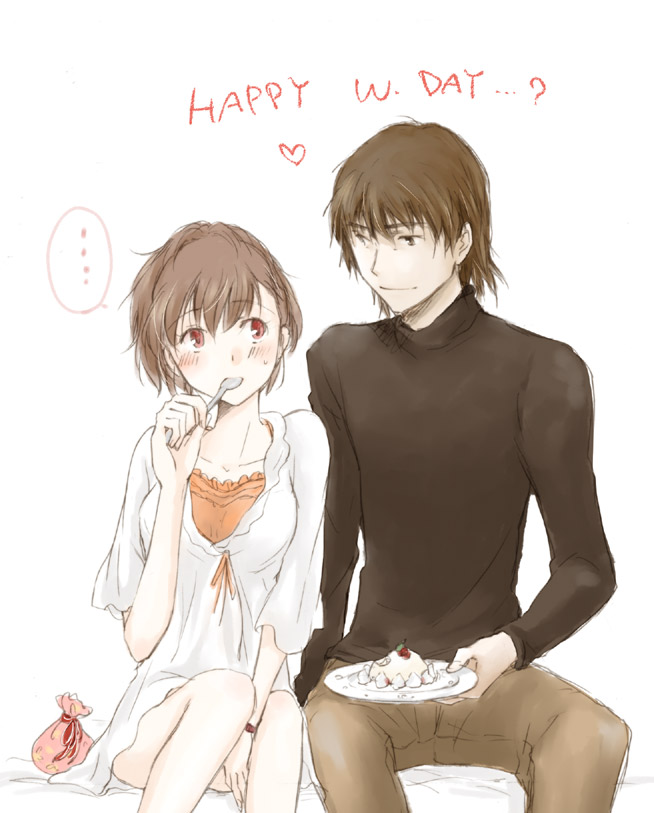 aragaki_shinjirou, blush, brown_eyes, brown_hair, cake, couch, female_protagonist_(persona_3), food