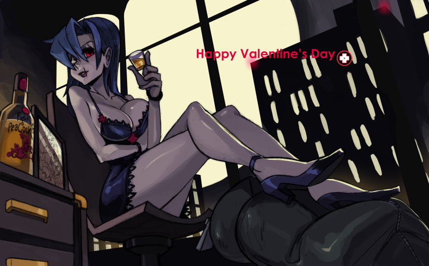 alcohol, alex_ahad, bare_shoulders, blue_hair, body_bag, bodybag, breasts, chair