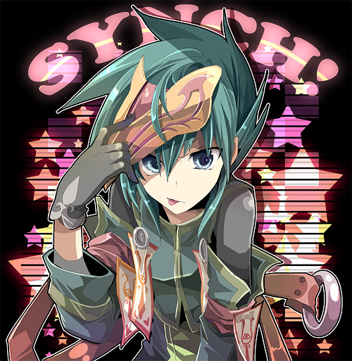 :p, blue_eyes, character_name, fruit_punch, gloves, green_hair, male, mask