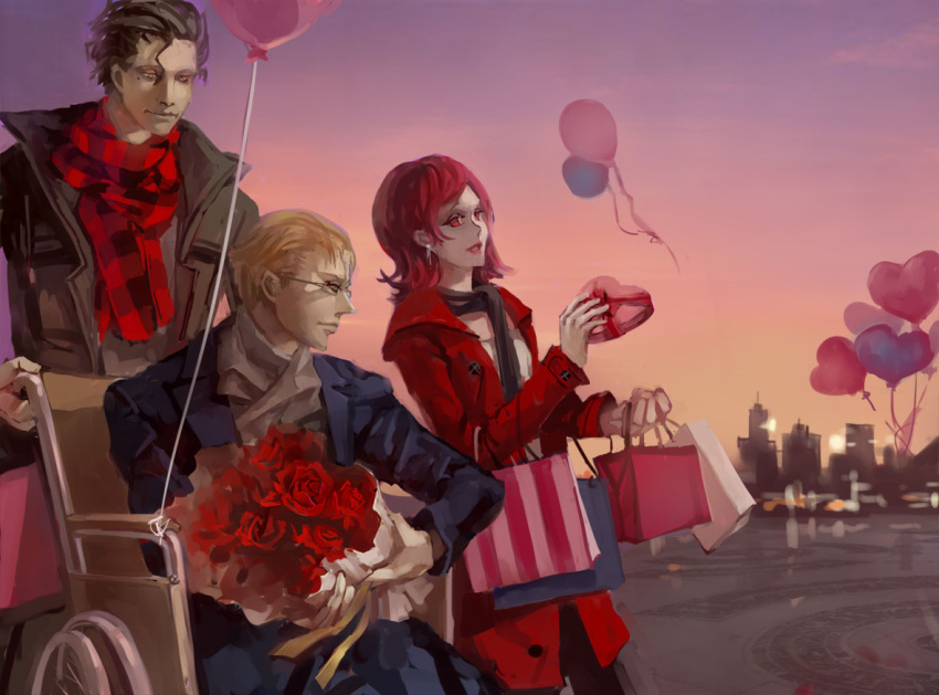 2boys, ahoge, bad_id, bag, balloon, bespectacled, black_hair, blonde_hair, bouquet, fapple, fate/zero, fate_(series), flower, glasses, heart, kayneth_archibald_el-melloi, lancer_(fate/zero), multiple_boys, red_eyes, red_hair, redhead, rose, shopping_bags, short_hair, sola-ui_nuada-re_sophia-ri, sunset, valentine, wheelchair, winter_clothes
