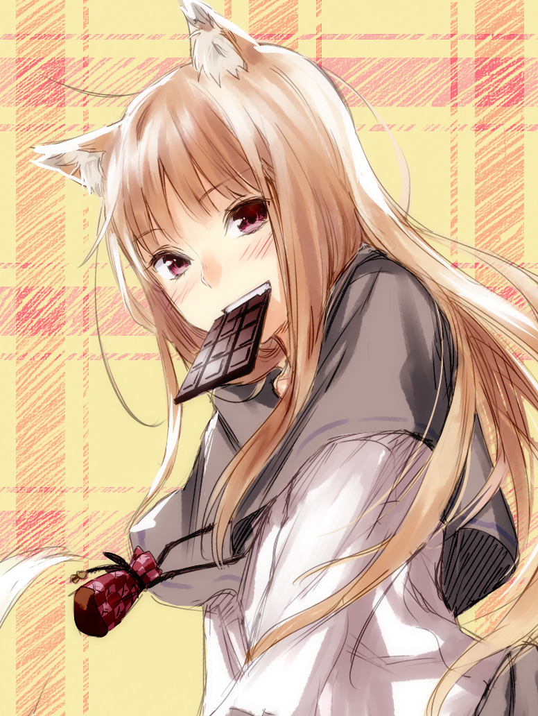 animal_ears, blush, brown_hair, chocolate, holo, long_hair, looking_at_viewer, mouth_hold