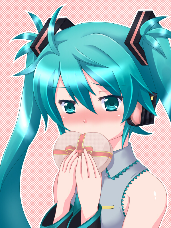 ahoge, aqua_eyes, aqua_hair, blush, gift, hatsune_miku, headphones, orebelt