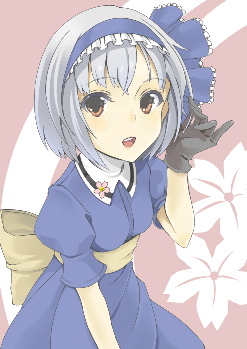 alternate_costume, bad_id, black_gloves, bow, brown_eyes, bust, face, gloves