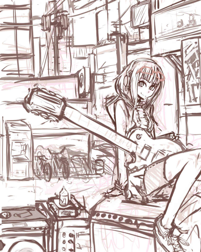aiaiai, bare_shoulders, bike_shorts, converse, electric_guitar, gibson, glasses_on_head, guitar
