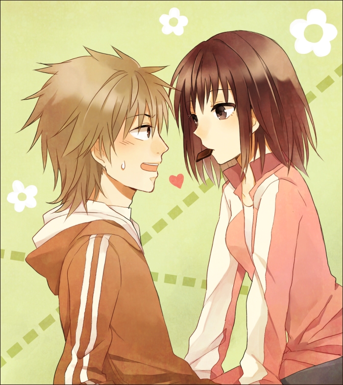 brown_hair, chocolate, couple, hamazura_shiage, jacket, mouth_hold, raglan_sleeves, takitsubo_rikou