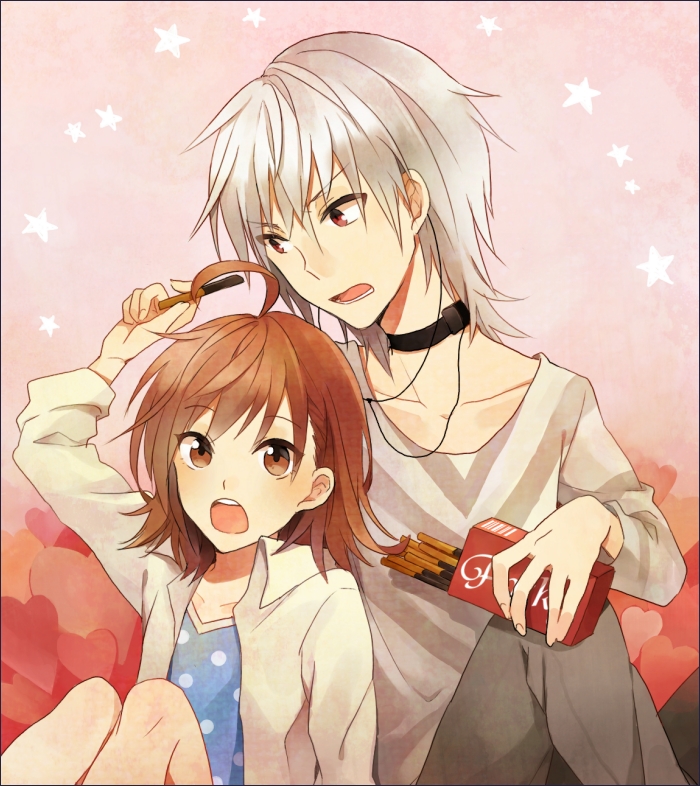 1girl, accelerator, ahoge, albino, brown_eyes, brown_hair, choekr, choker