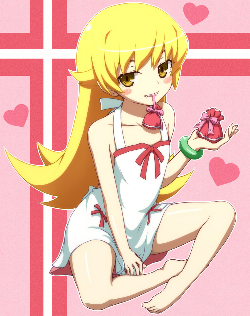 bare_legs, bare_shoulders, barefoot, blonde_hair, blush, bracelet, dress, fang