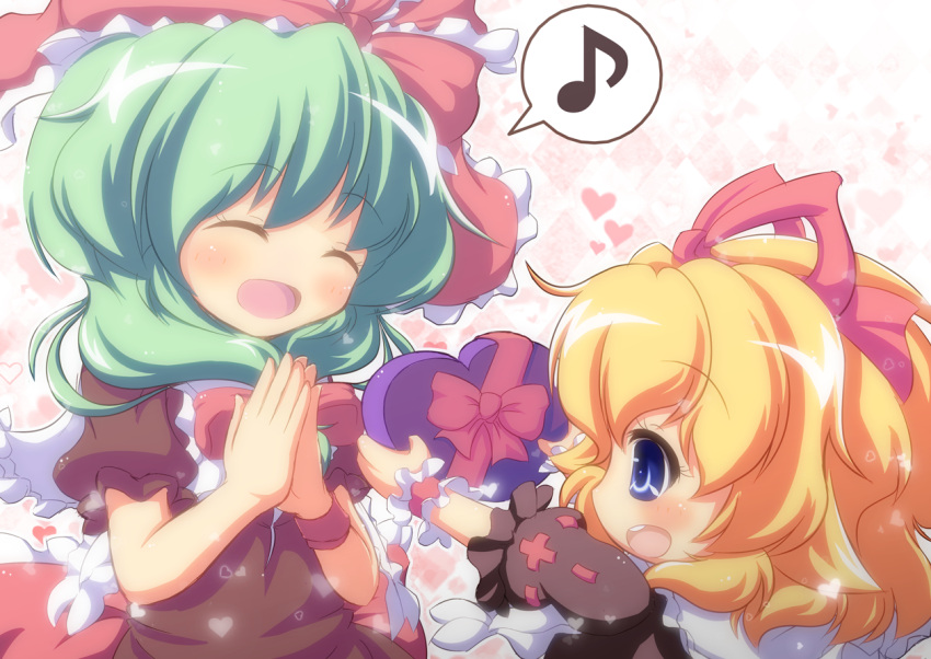 blonde_hair, blush, box, brown_dress, child, closed_eyes, dress, gift, gift_box, green_hair, hair_ribbon, hands_together, heart, kagiyama_hina, medicine_melancholy, multiple_girls, musical_note, nullpooo, open_mouth, outstretched_arms, ribbon, smile, touhou, valentine