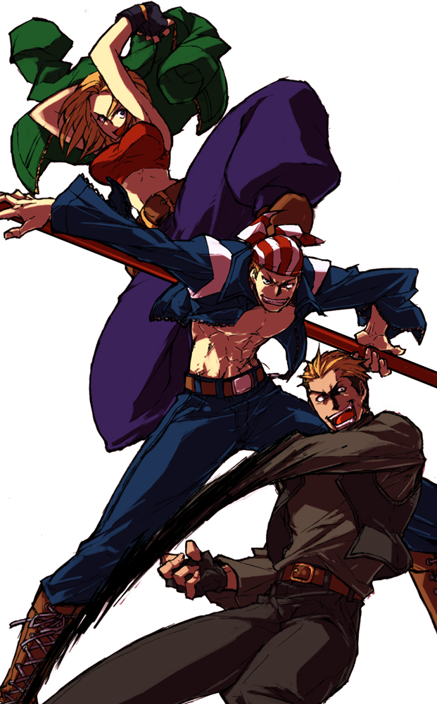 2boys, abs, baggy_pants, bandana, bandanna, belt, billy_kane, blonde_hair, blue_mary, boots, breasts, crop_top, cross-laced_footwear, fatal_fury, female, fingerless_gloves, gloves, halter_top, halterneck, itkz_(pixiv), jacket, jacket_removed, king_of_fighters, knee_boots, kof, lace-up_boots, large_breasts, male, midriff, multiple_boys, open_clothes, open_jacket, open_mouth, ryuuko_no_ken, short_hair, simple_background, smile, snk, striped, yamazaki_ryuji, yamazaki_ryuuji