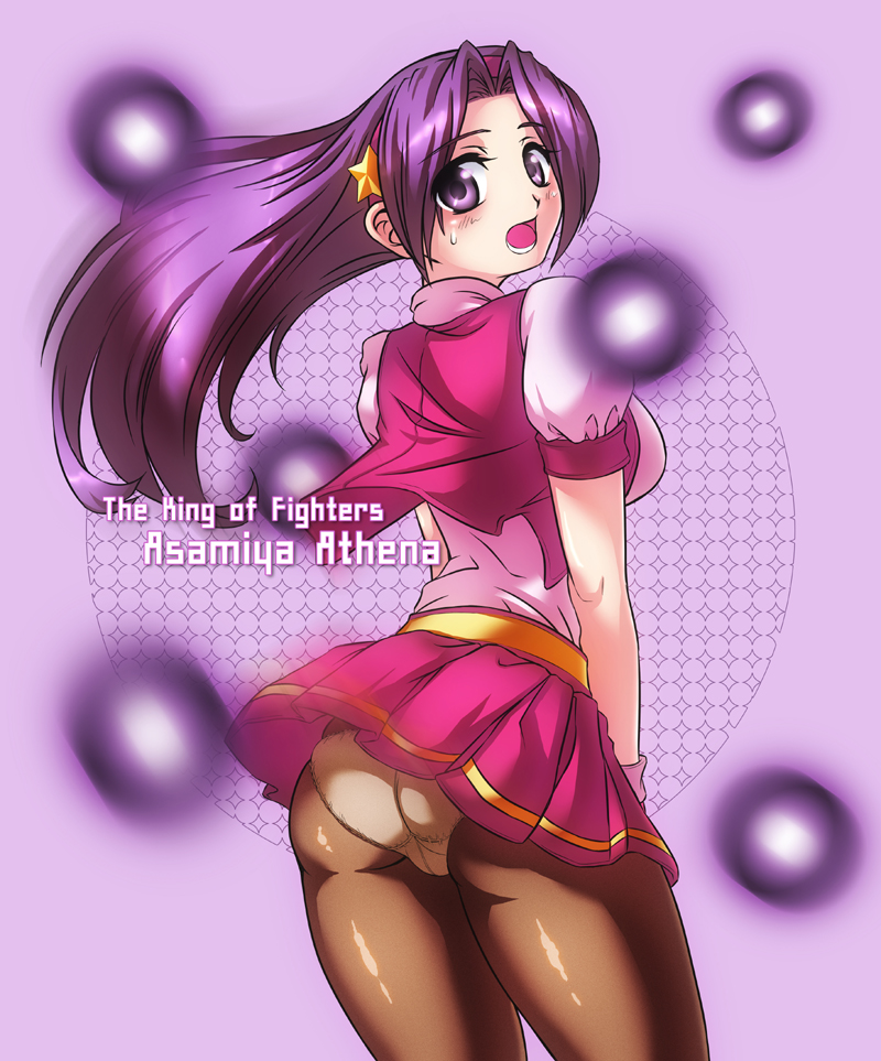 :o, asamiya_athena, ass, blush, brown_legwear, character_name, dress, female
