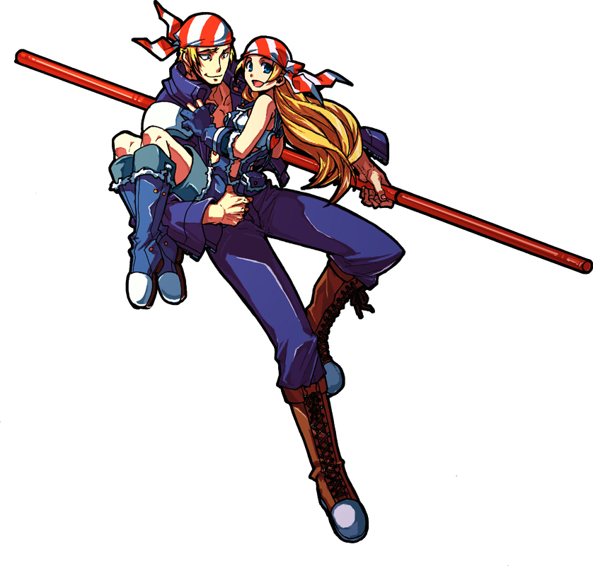 1girl, bandana, bandanna, bare_shoulders, billy_kane, blonde_hair, blue_eyes, boots, brother_and_sister, carrying, cross-laced_footwear, dual_persona, fatal_fury, genderswap, gloves, height_difference, itkz_(pixiv), king_of_fighters, king_of_fighters_maximum_impact, knee_boots, lace-up_boots, lilly_kane, long_hair, pants_rolled_up, princess_carry, ryuuko_no_ken, siblings, snk, staff, striped, weapon