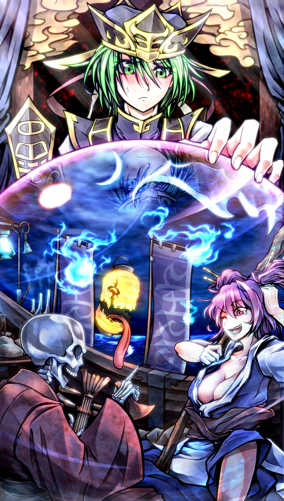 boat, breasts, chouchin_obake, cleavage, falconet_dragon, green_eyes, green_hair, hat