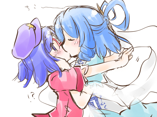 2girls, blue_dress, blue_eyes, blue_hair, blush, dress, hair_rings, hair_stick