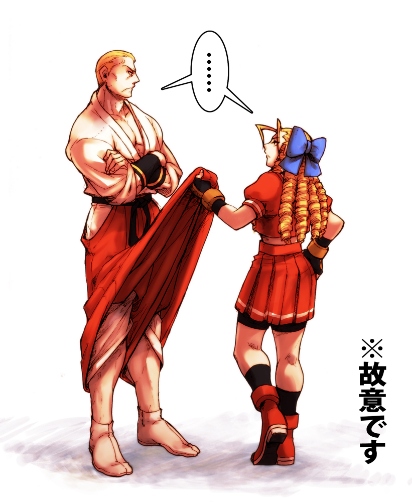 1boy, 1girl, antenna_hair, bike_shorts, blonde_hair, boots, bow, capcom