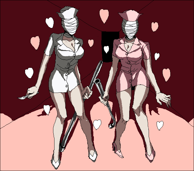 bandage, bandages, breasts, bubble_head_nurse, cleavage, heart, lead_pipe, multiple_girls