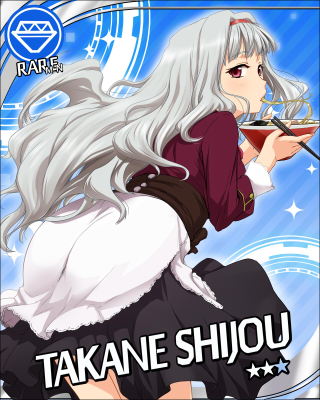 ass, character_name, chopsticks, cinderella_girls_card_parody, dress, eating, food, hairband