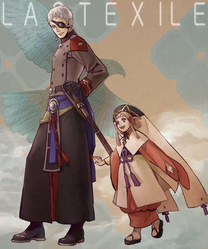 bird, blue_eyes, boots, brown_hair, buckle, child, eyepatch, flower