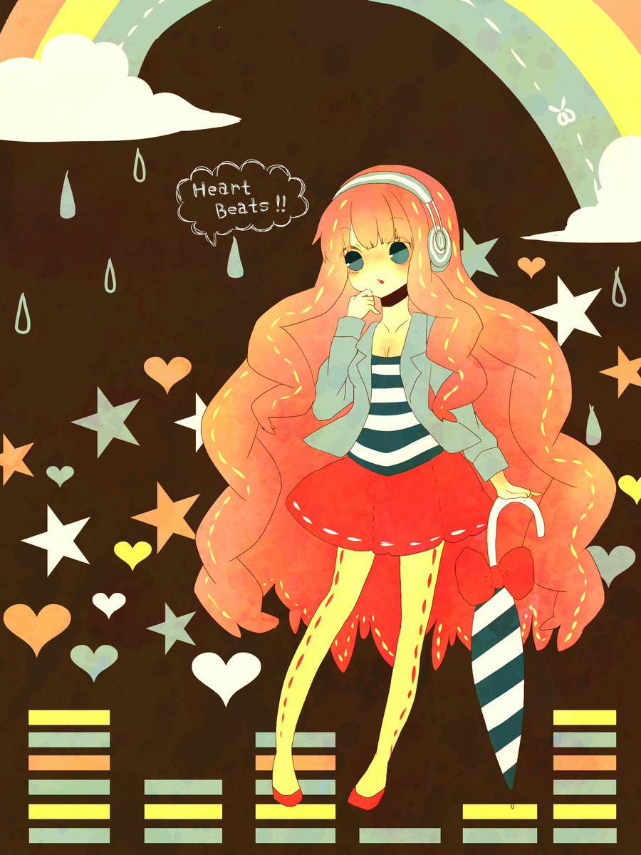 blazer, blue_eyes, bow, cloud, flats, headphones, heart, heart_beats_(vocaloid), highres, m0chigo3, megurine_luka, pantyhose, pink_hair, rain, rainbow, scissors, skirt, star, umbrella, vocaloid, water_drop, yellow_legwear