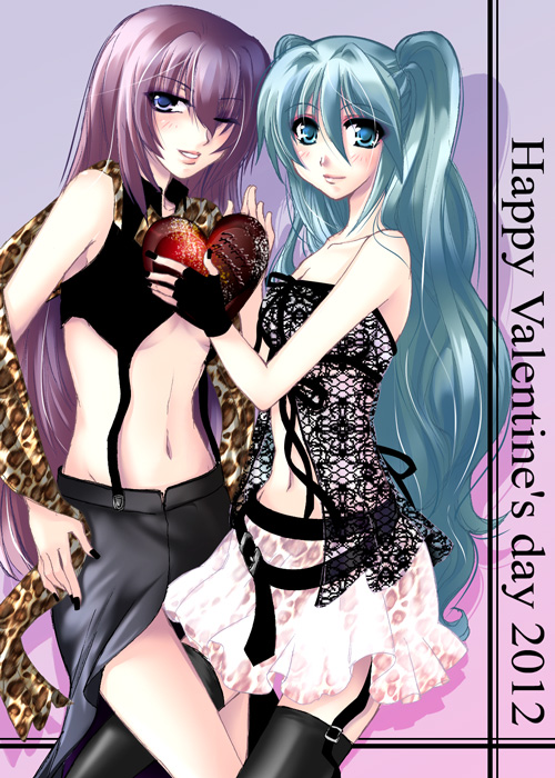 2girls, aqua_eyes, aqua_hair, bad_id, bare_shoulders, belt, blue_eyes, fingerless_gloves, garter_straps, gloves, happy_valentine, hatsune_miku, heart, long_hair, megurine_luka, midriff, multiple_girls, navel, purple_hair, shizumu, skirt, suspenders, thigh-highs, thighhighs, twintails, valentine, very_long_hair, vocaloid, wink