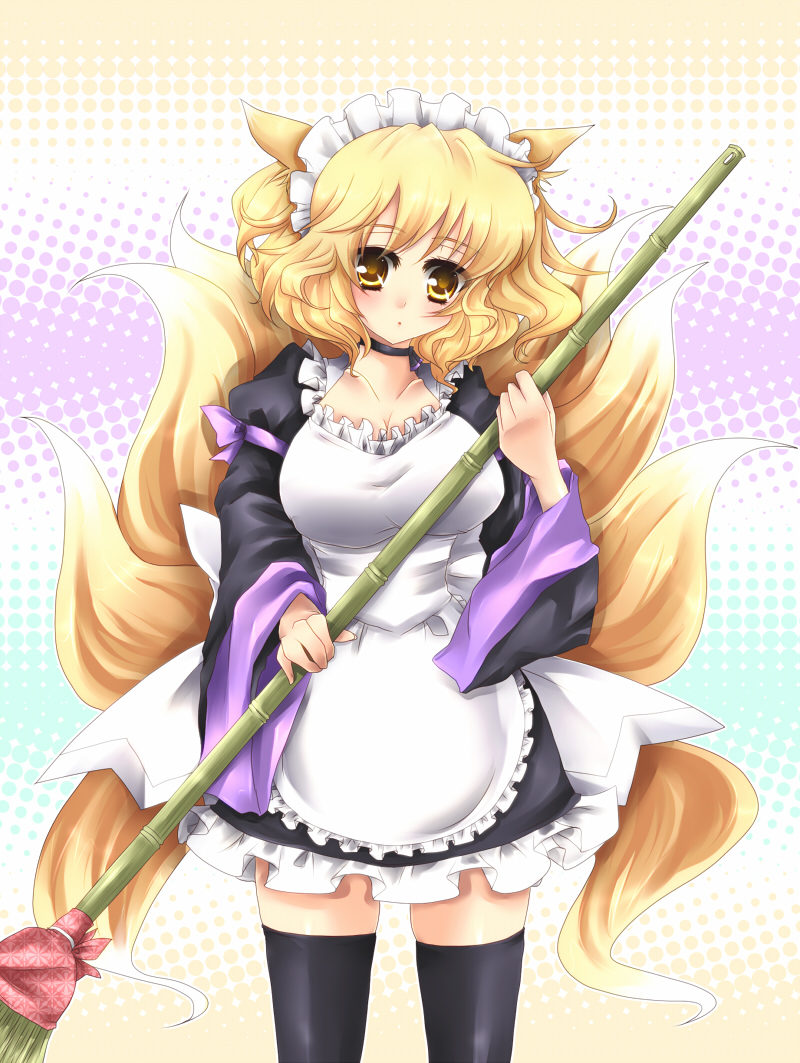 animal_ears, bamboo-shafted_broom, bamboo_broom, black_legwear, black_thighhighs, blonde_hair, broom, enmaided