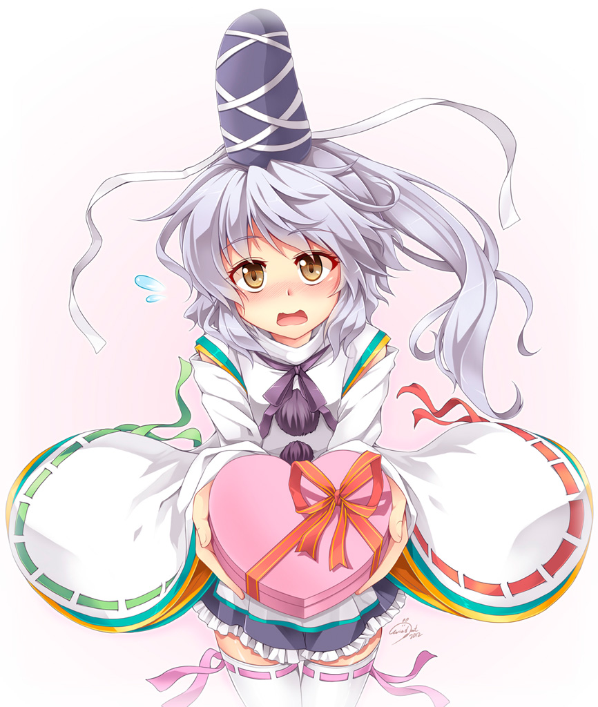 blush, box, brown_eyes, detached_sleeves, frilled_skirt, gift, gift_box, giving