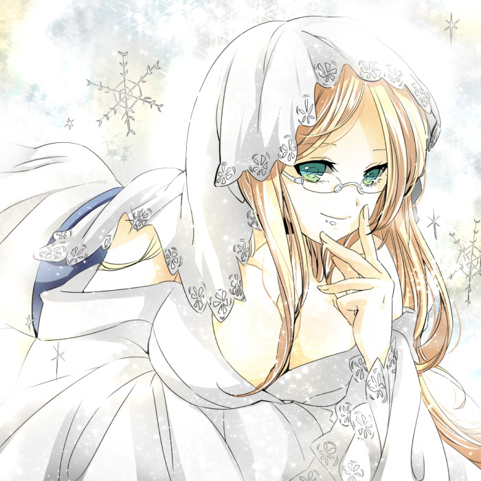 bad_id, blonde_hair, breasts, cleavage, dress, finger_to_face, glasses, green_eyes